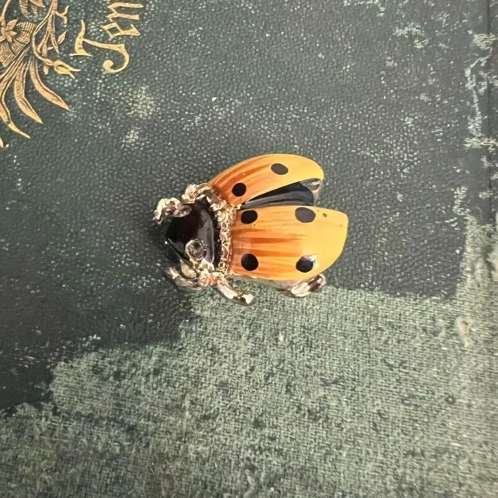 Elegant vintage Ladybug Brooch in Orange and Black w crystal embellishment.